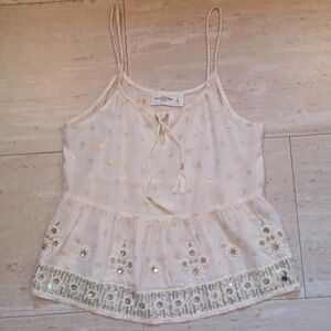 Abercrombie & Fitch Cream Shimmery Polka Dot Glitzy Boho Festival Tank Top